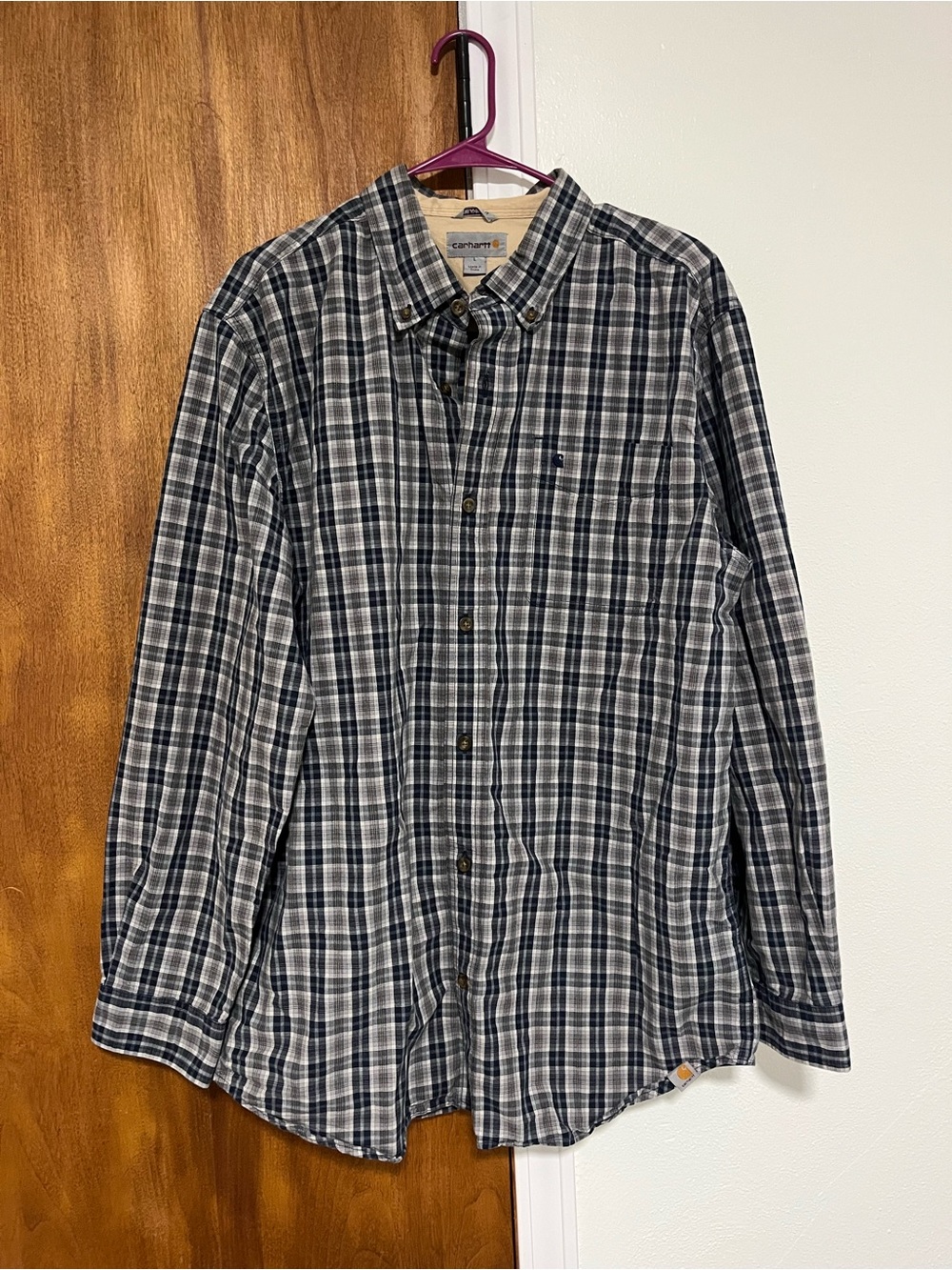 Carhartt Men's Large Bellevue Long Sleeve Plaid Button Front Shirt Gray Blue